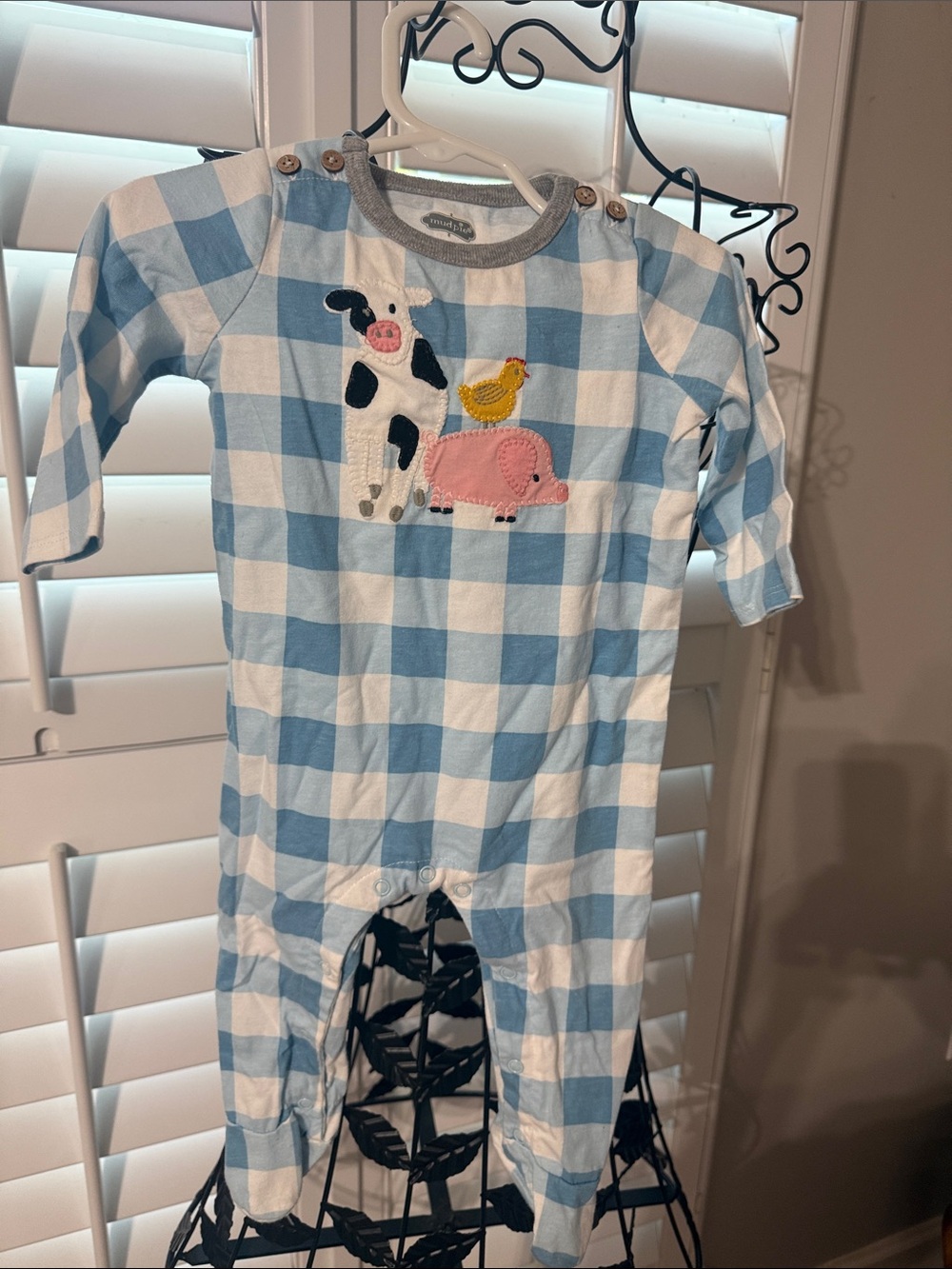 Mud Pie Blue and White Gingham Farm Animal Footed One-Piece
